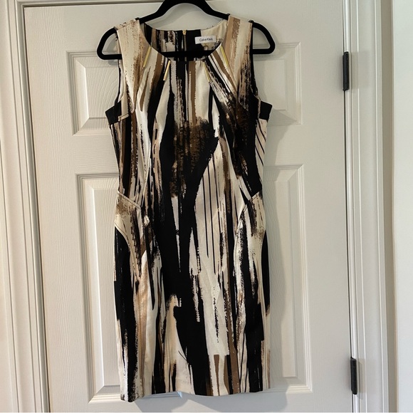 Calvin Klein Women's Black and Cream Abstract Dress NWT Sz 6 - Picture 1 of 8